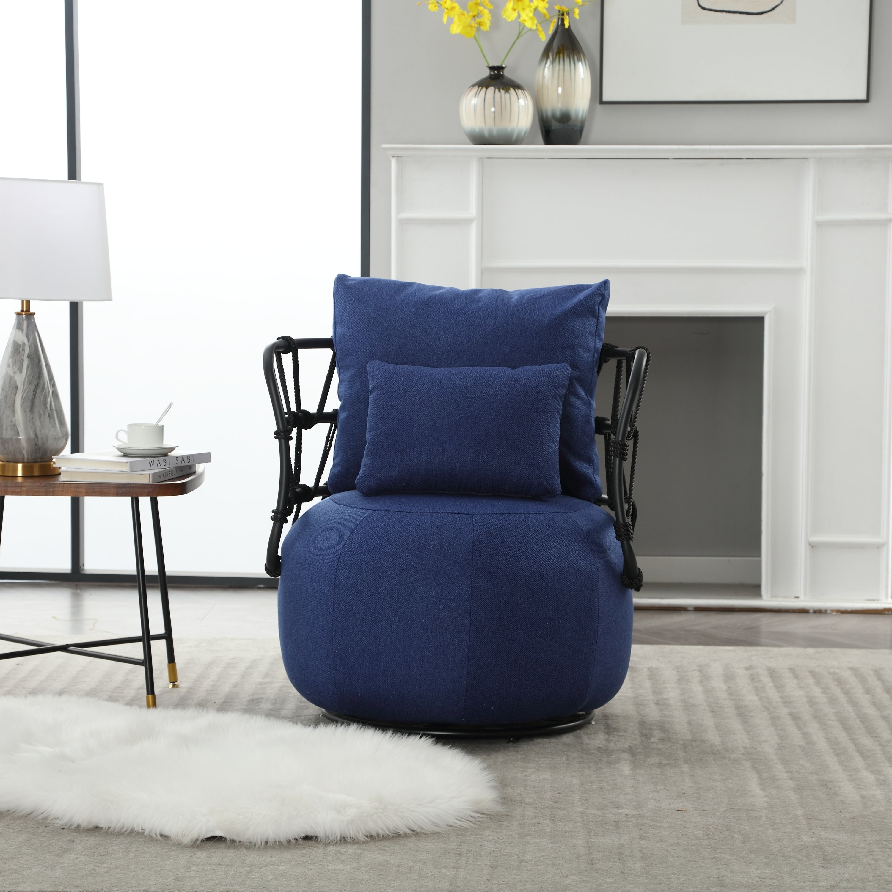 🆓🚛 Upholstered Tufted Living Room Chair Textured Linen Fabric Accent Chair With Metal Stand, Navy Blue