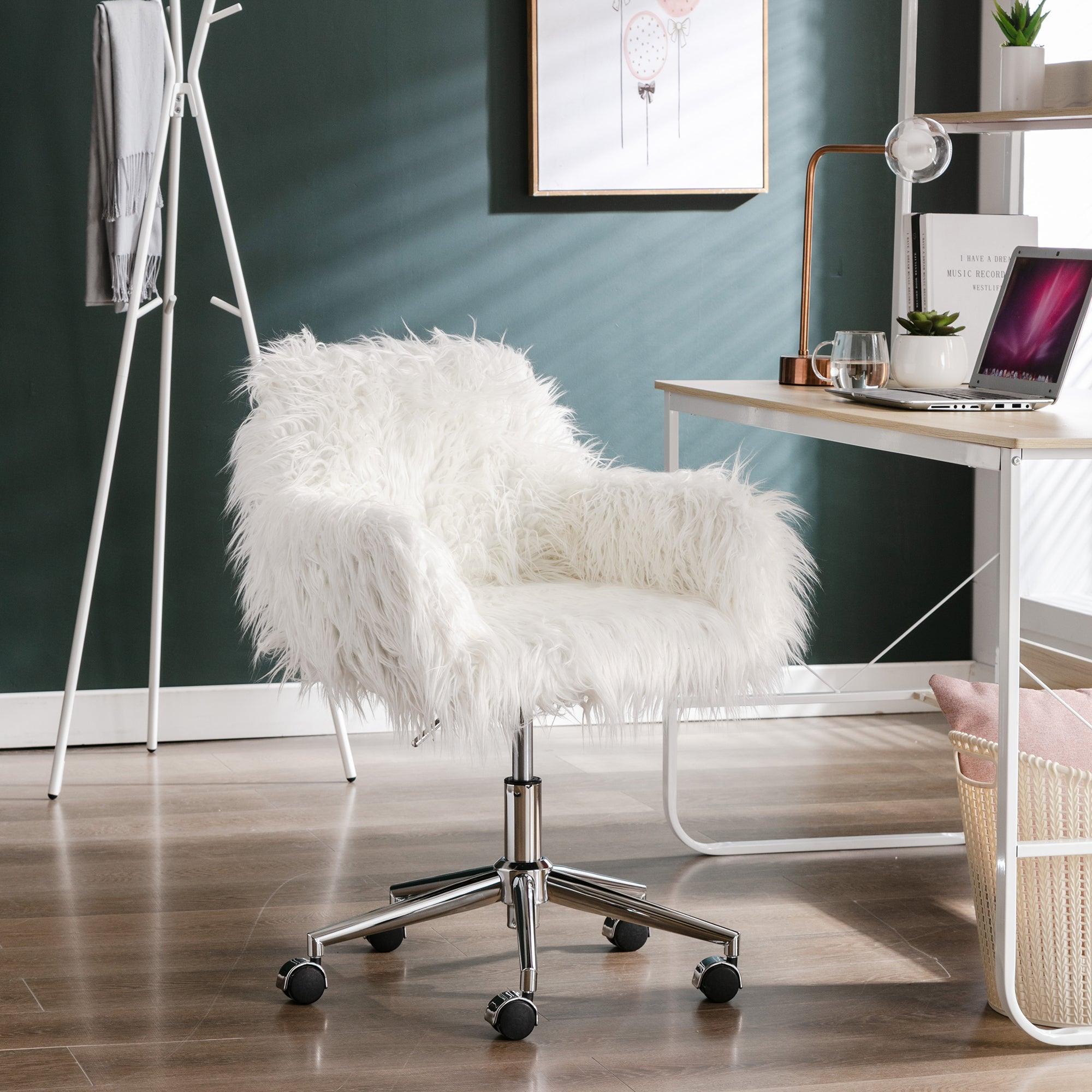 HengMing Modern Faux Fur Home Office Chair, Fluffy Chair For Girls, Makeup Vanity Chair