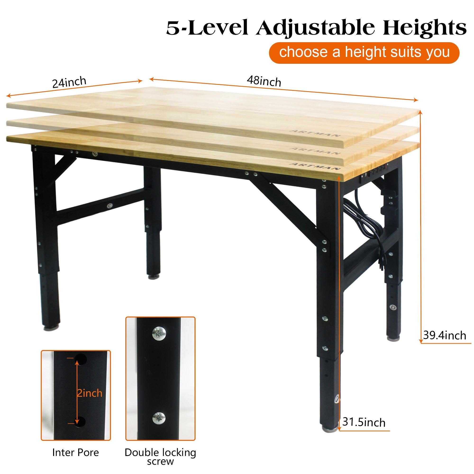 3 Level Wooden Top Adjustable Metal Worktable With AC & USB Power Outlets LamCham