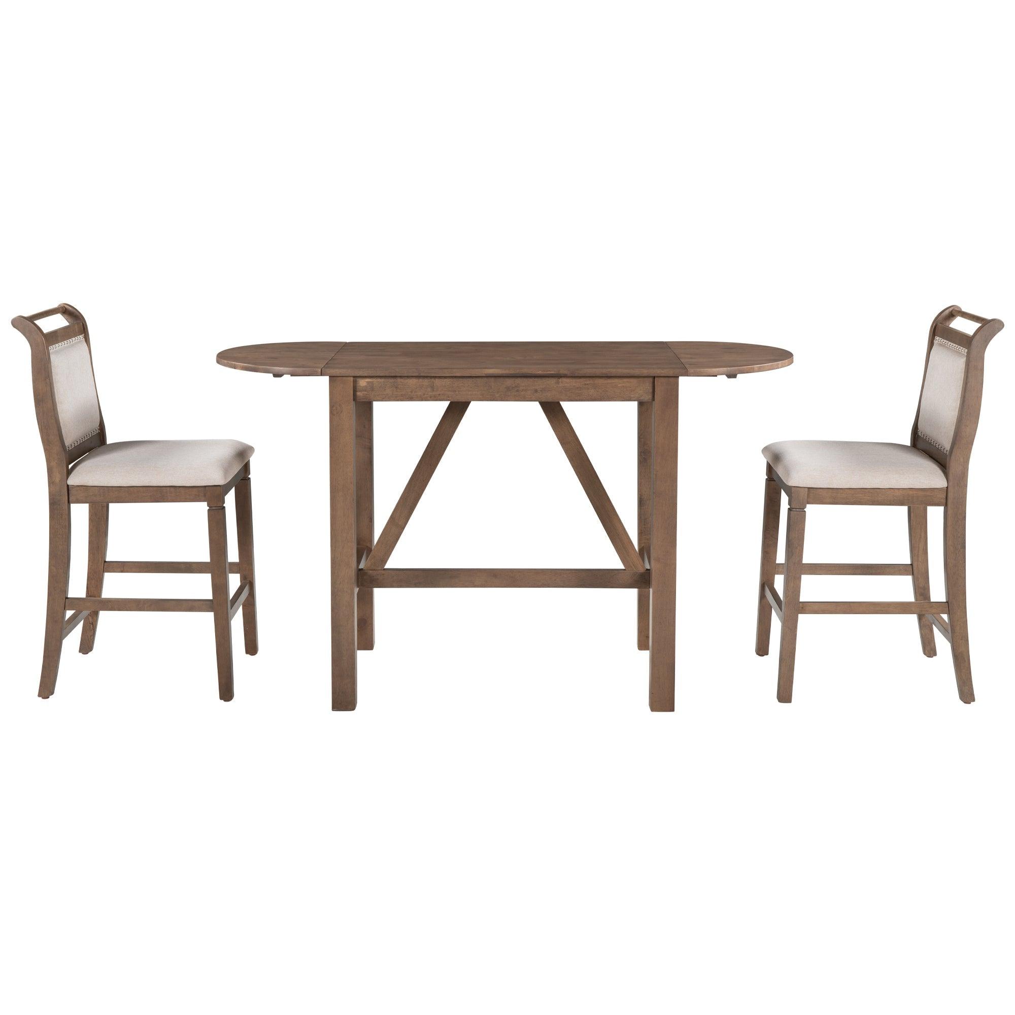 3-Piece Wood Counter Height Drop Leaf Dining Table Set With 2 Upholstered Dining Chairs For Small Place, Brown LamCham