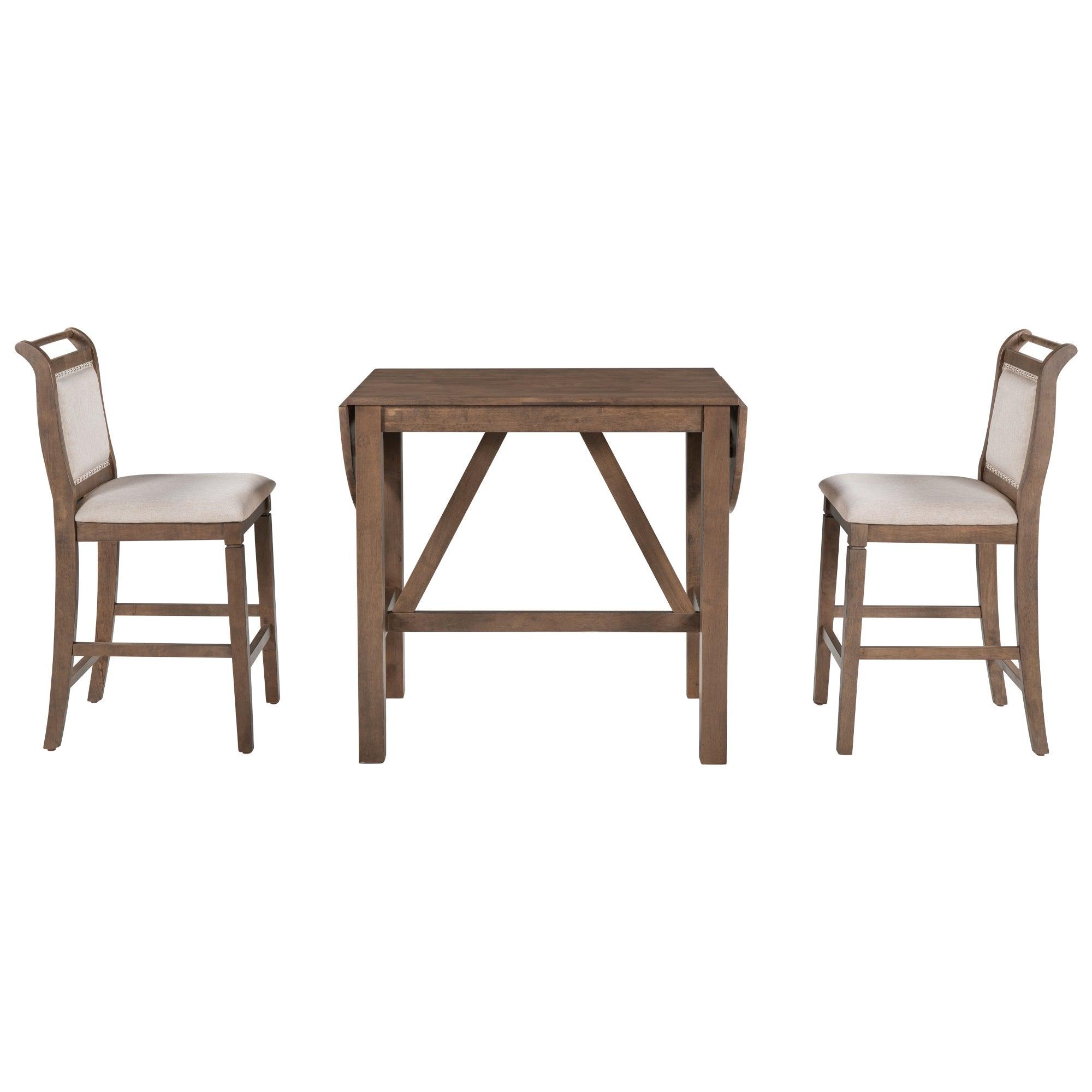 3-Piece Wood Counter Height Drop Leaf Dining Table Set With 2 Upholstered Dining Chairs For Small Place, Brown LamCham