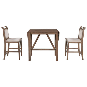 3-Piece Wood Counter Height Drop Leaf Dining Table Set With 2 Upholstered Dining Chairs For Small Place, Brown LamCham