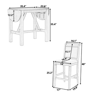 3-Piece Wood Counter Height Drop Leaf Dining Table Set With 2 Upholstered Dining Chairs For Small Place, Brown LamCham