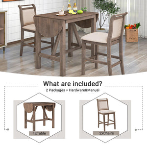 3-Piece Wood Counter Height Drop Leaf Dining Table Set With 2 Upholstered Dining Chairs For Small Place, Brown LamCham