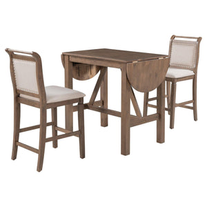 3-Piece Wood Counter Height Drop Leaf Dining Table Set With 2 Upholstered Dining Chairs For Small Place, Brown LamCham