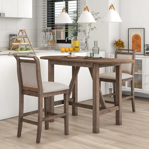 3-Piece Wood Counter Height Drop Leaf Dining Table Set With 2 Upholstered Dining Chairs For Small Place, Brown LamCham