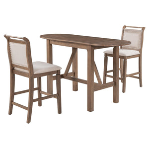 3-Piece Wood Counter Height Drop Leaf Dining Table Set With 2 Upholstered Dining Chairs For Small Place, Brown LamCham