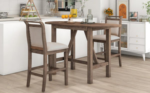 3-Piece Wood Counter Height Drop Leaf Dining Table Set With 2 Upholstered Dining Chairs For Small Place, Brown LamCham