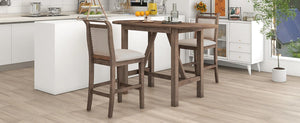 3-Piece Wood Counter Height Drop Leaf Dining Table Set With 2 Upholstered Dining Chairs For Small Place, Brown LamCham