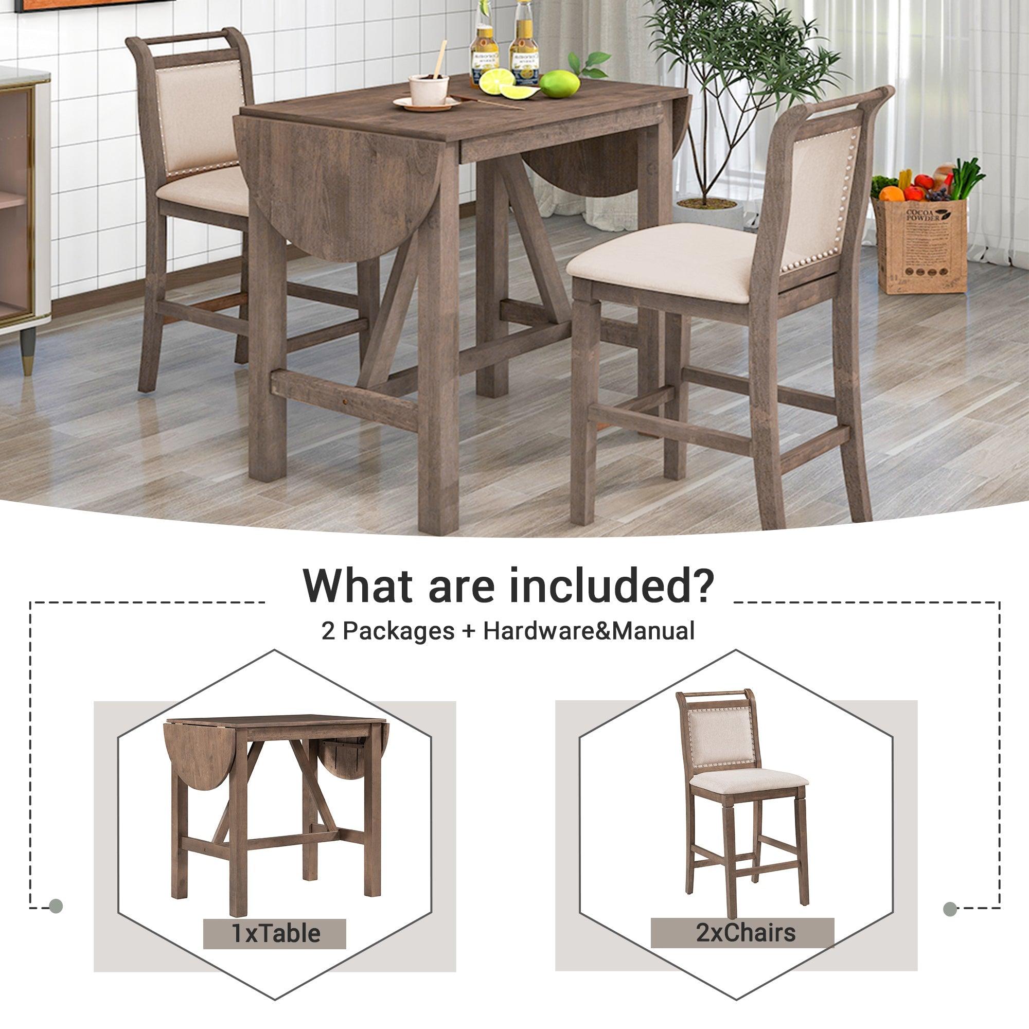 3-Piece Wood Counter Height Drop Leaf Dining Table Set With 2 Upholstered Dining Chairs For Small Place, Brown LamCham