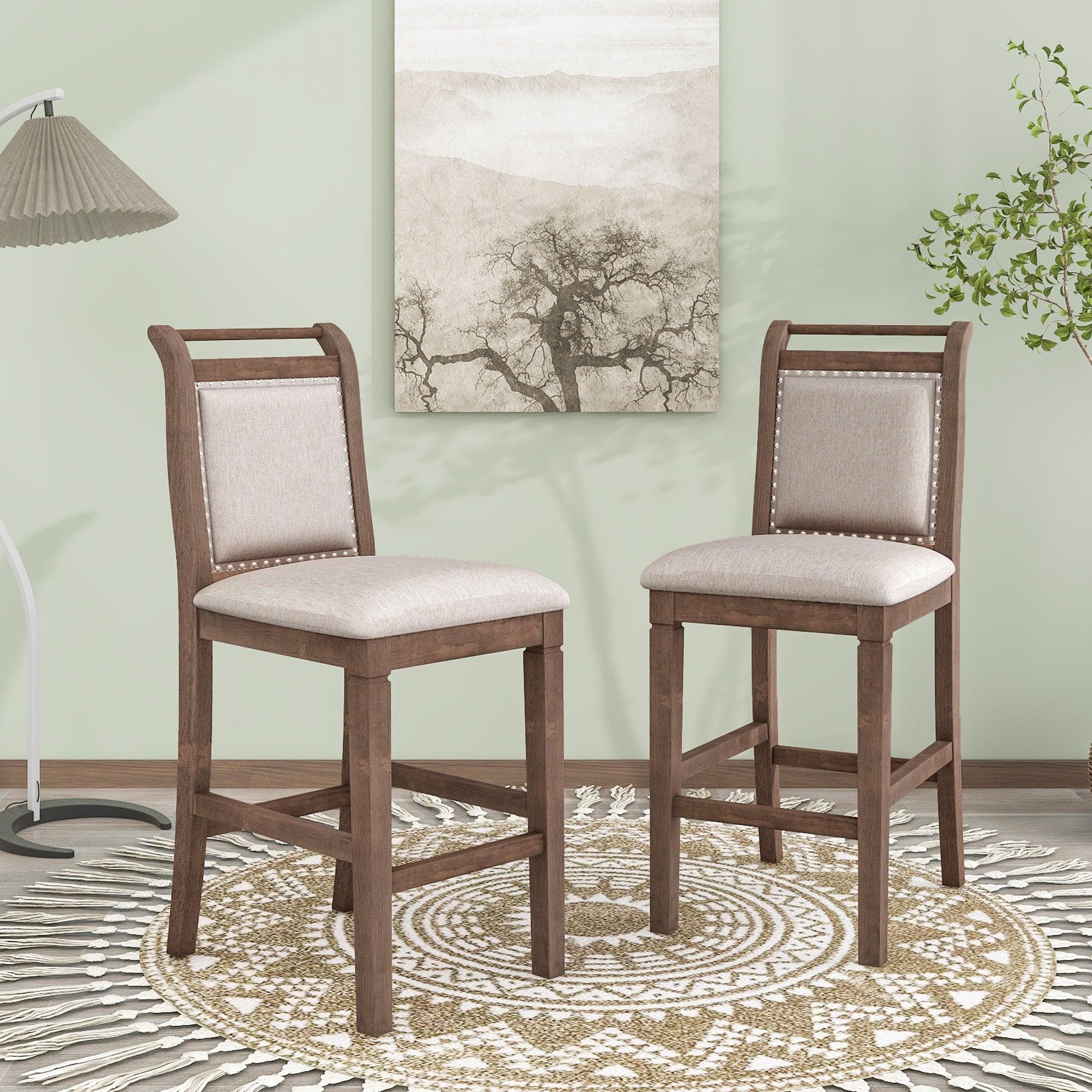 3-Piece Wood Counter Height Drop Leaf Dining Table Set With 2 Upholstered Dining Chairs For Small Place, Brown LamCham