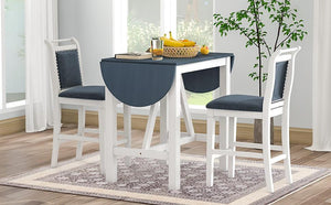 3-Piece Wood Counter Height Drop Leaf Dining Table Set With 2 Upholstered Dining Chairs For Small Place, White+Gray LamCham