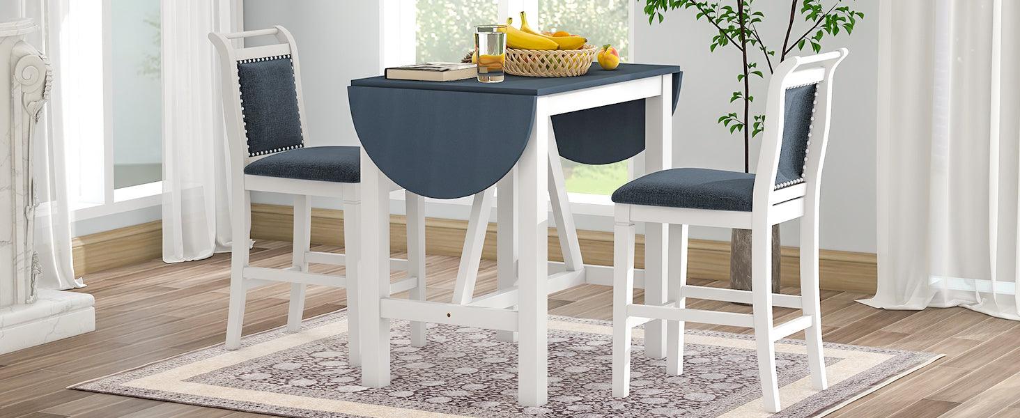 3-Piece Wood Counter Height Drop Leaf Dining Table Set With 2 Upholstered Dining Chairs For Small Place, White+Gray LamCham