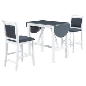 3-Piece Wood Counter Height Drop Leaf Dining Table Set With 2 Upholstered Dining Chairs For Small Place, White+Gray LamCham