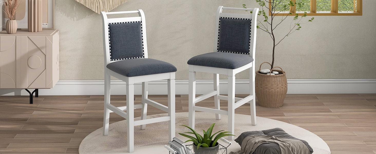 3-Piece Wood Counter Height Drop Leaf Dining Table Set With 2 Upholstered Dining Chairs For Small Place, White+Gray LamCham