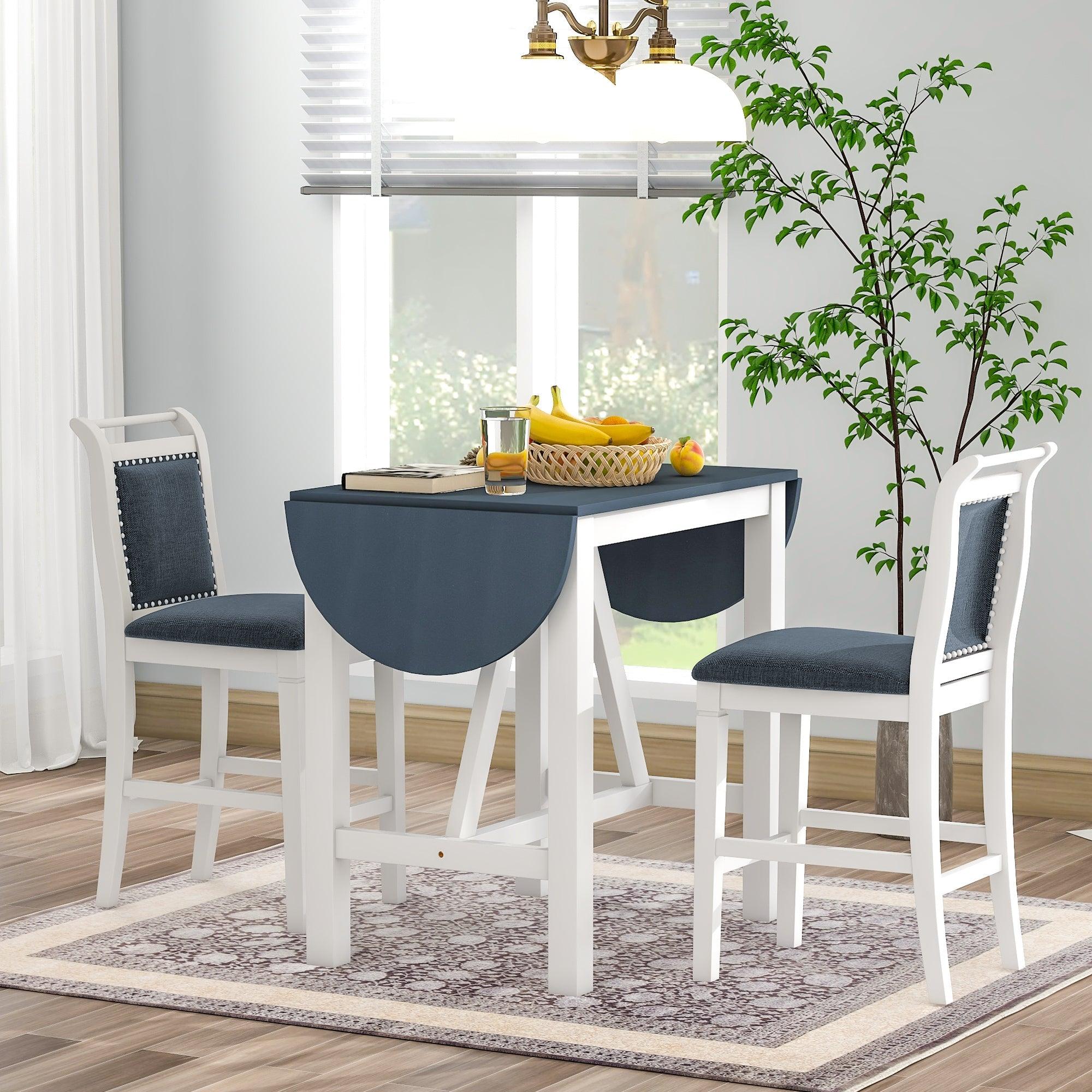 3-Piece Wood Counter Height Drop Leaf Dining Table Set With 2 Upholstered Dining Chairs For Small Place, White+Gray LamCham