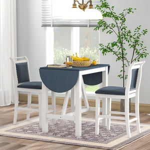 3-Piece Wood Counter Height Drop Leaf Dining Table Set With 2 Upholstered Dining Chairs For Small Place, White+Gray LamCham