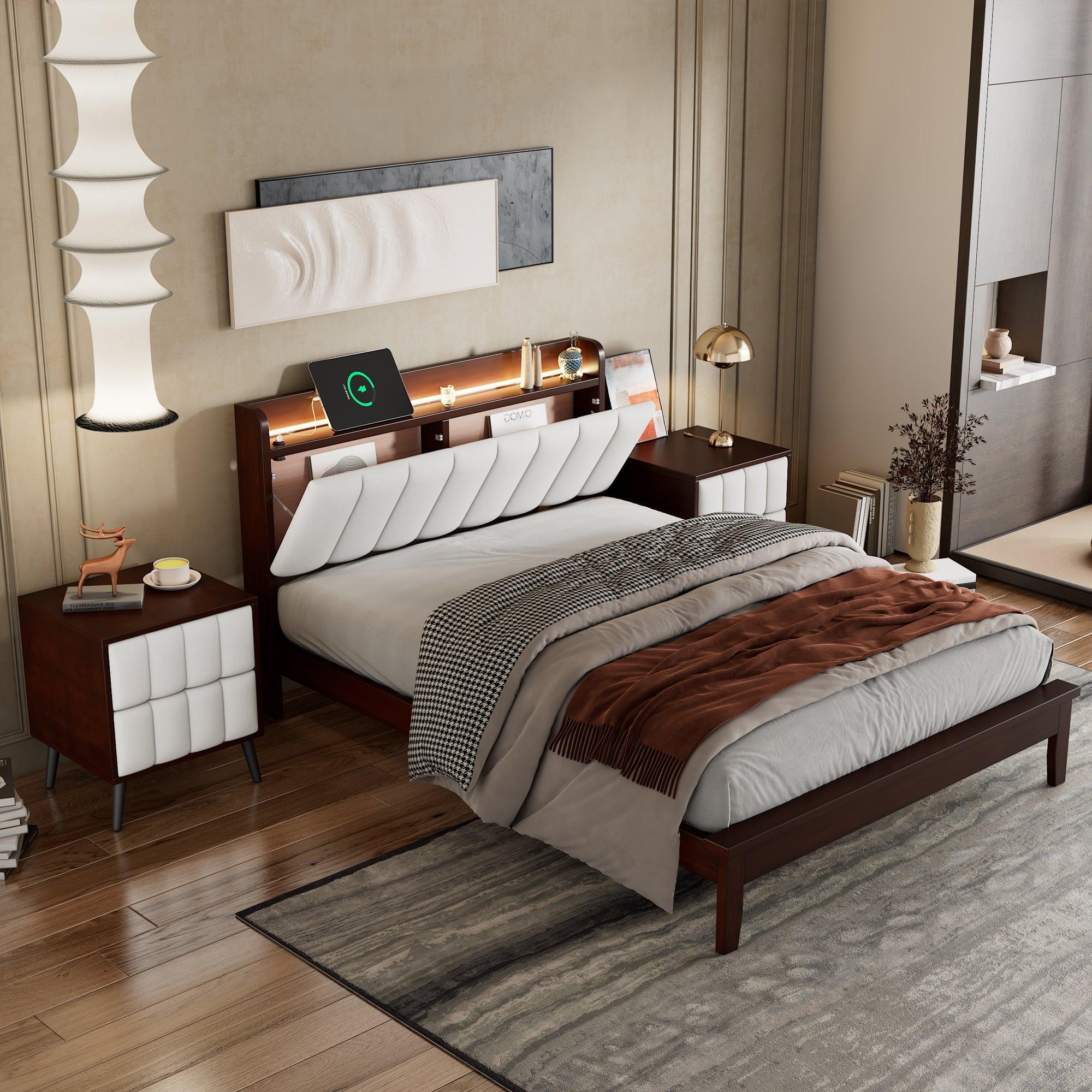 3-Pieces Bedroom Sets, Full Size Wood Platform Bed and Two Nightstands, Storage Platform bed with USB and LED Lights-Walnut+Beige LamCham