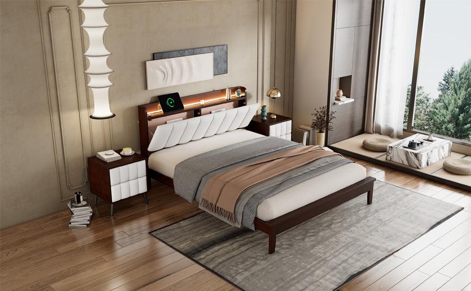 3-Pieces Bedroom Sets, Queen Size Wood Platform Bed and Two Nightstands, Storage Platform bed with USB and LED Lights-Walnut+Beige LamCham