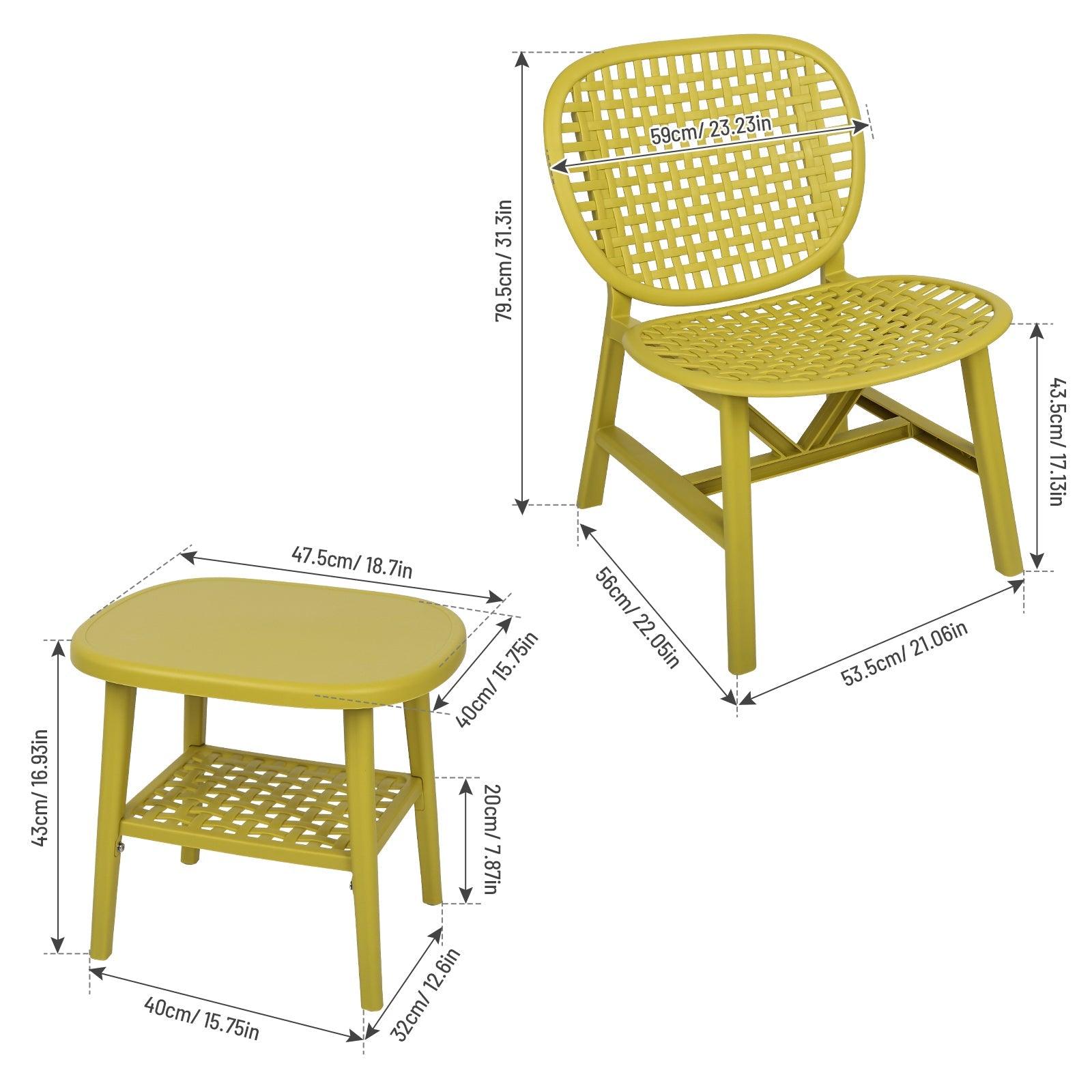 3 Pieces Hollow Design Patio Table Chair Set All Weather Conversation Bistro Set Outdoor Coffee Table With Open Shelf And Lounge Chairs With Widened Seat For Balcony Garden Yard Yellow LamCham