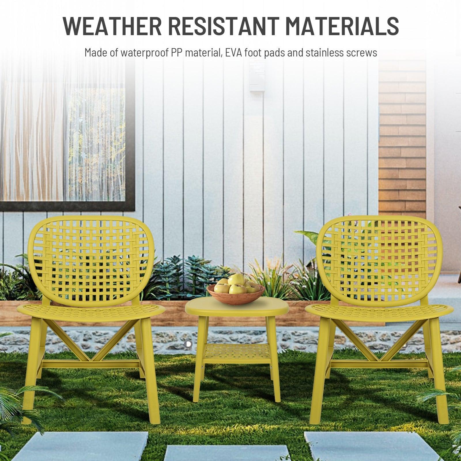 3 Pieces Hollow Design Patio Table Chair Set All Weather Conversation Bistro Set Outdoor Coffee Table With Open Shelf And Lounge Chairs With Widened Seat For Balcony Garden Yard Yellow LamCham