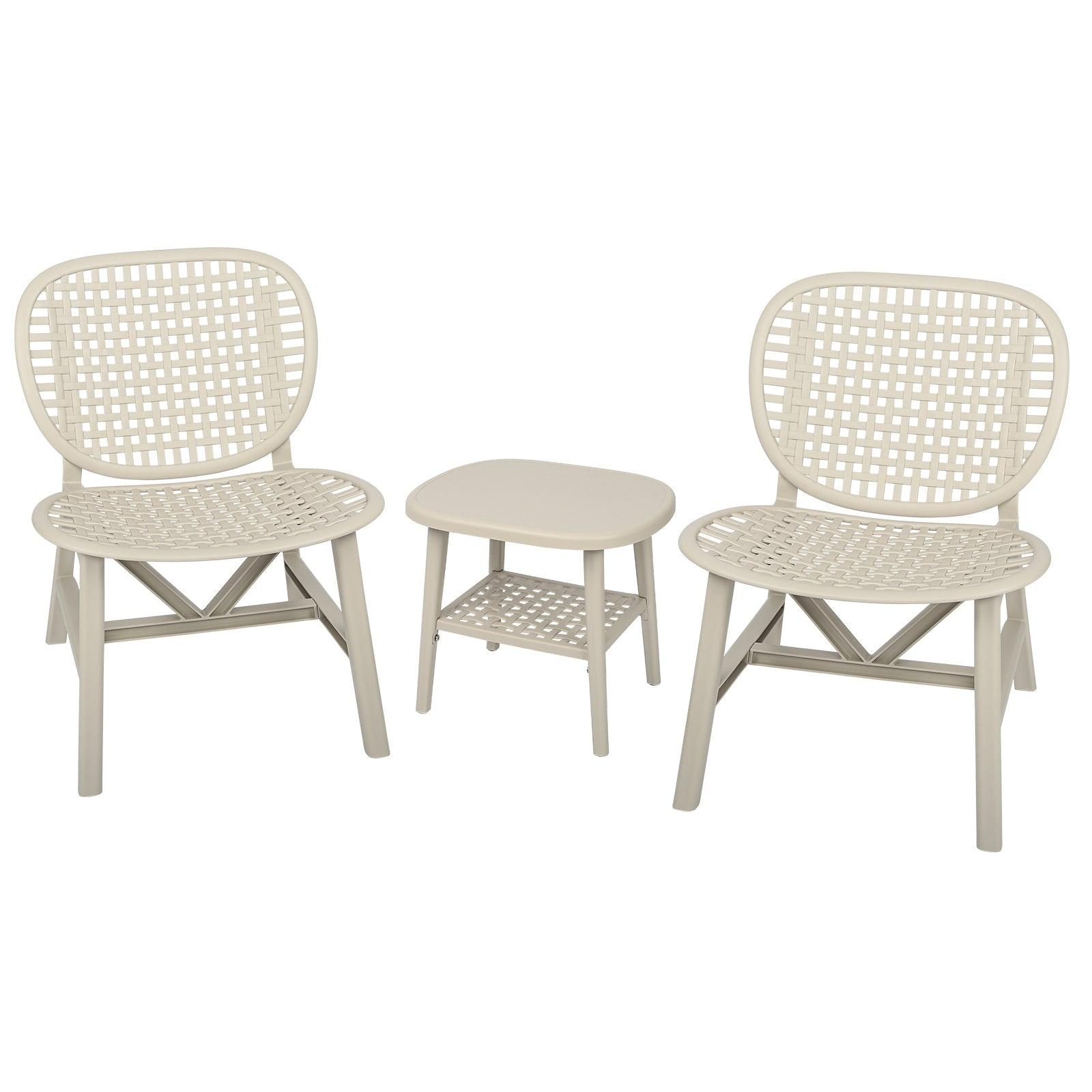 3 Pieces Hollow Design Retro Patio Table Chair Set All Weather Conversation Bistro Set Outdoor Table With Open Shelf And Lounge Chairs With Widened Seat For Balcony Garden Yard White LamCham