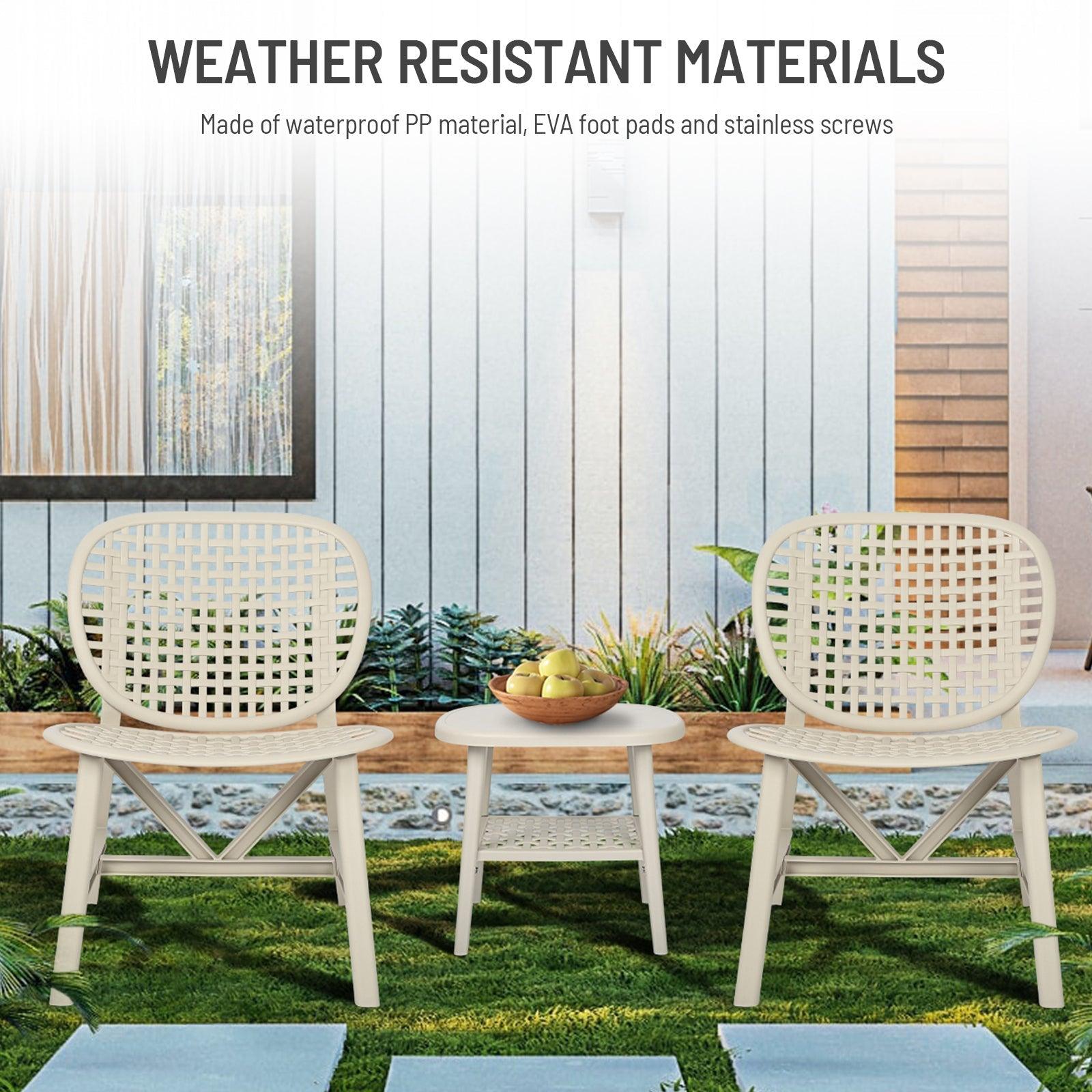 3 Pieces Hollow Design Retro Patio Table Chair Set All Weather Conversation Bistro Set Outdoor Table With Open Shelf And Lounge Chairs With Widened Seat For Balcony Garden Yard White LamCham