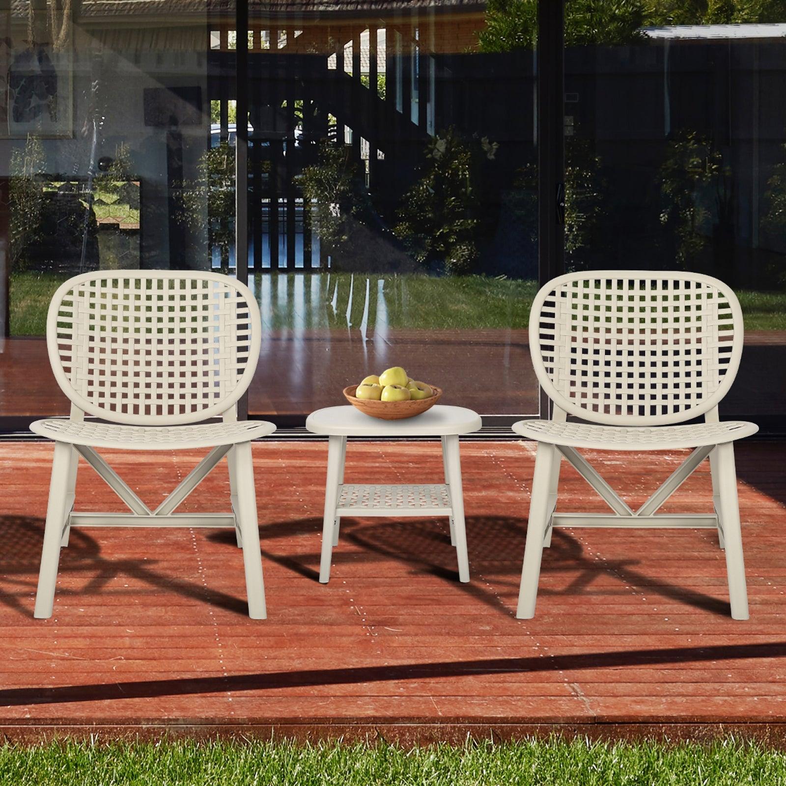 3 Pieces Hollow Design Retro Patio Table Chair Set All Weather Conversation Bistro Set Outdoor Table With Open Shelf And Lounge Chairs With Widened Seat For Balcony Garden Yard White LamCham