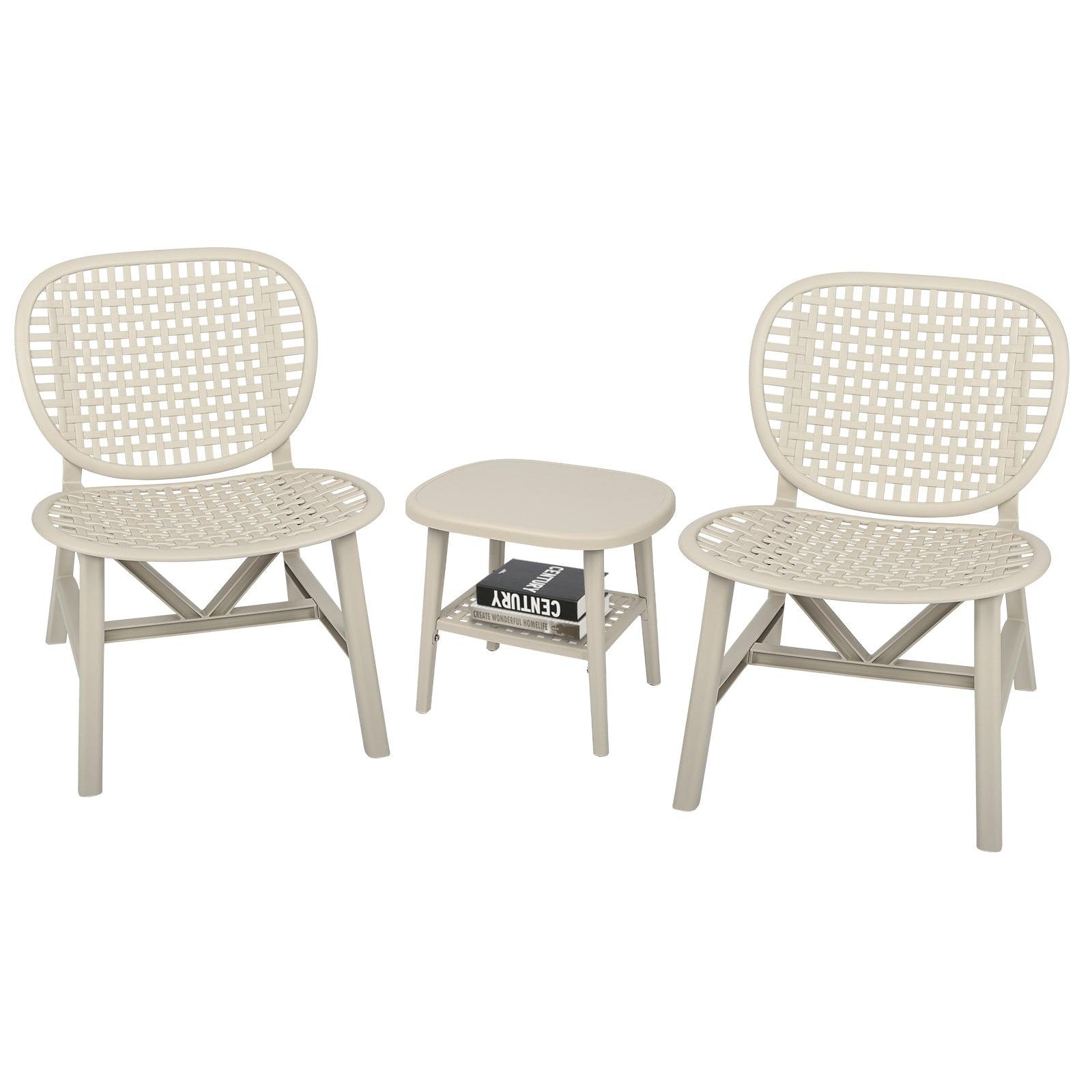 3 Pieces Hollow Design Retro Patio Table Chair Set All Weather Conversation Bistro Set Outdoor Table With Open Shelf And Lounge Chairs With Widened Seat For Balcony Garden Yard White LamCham