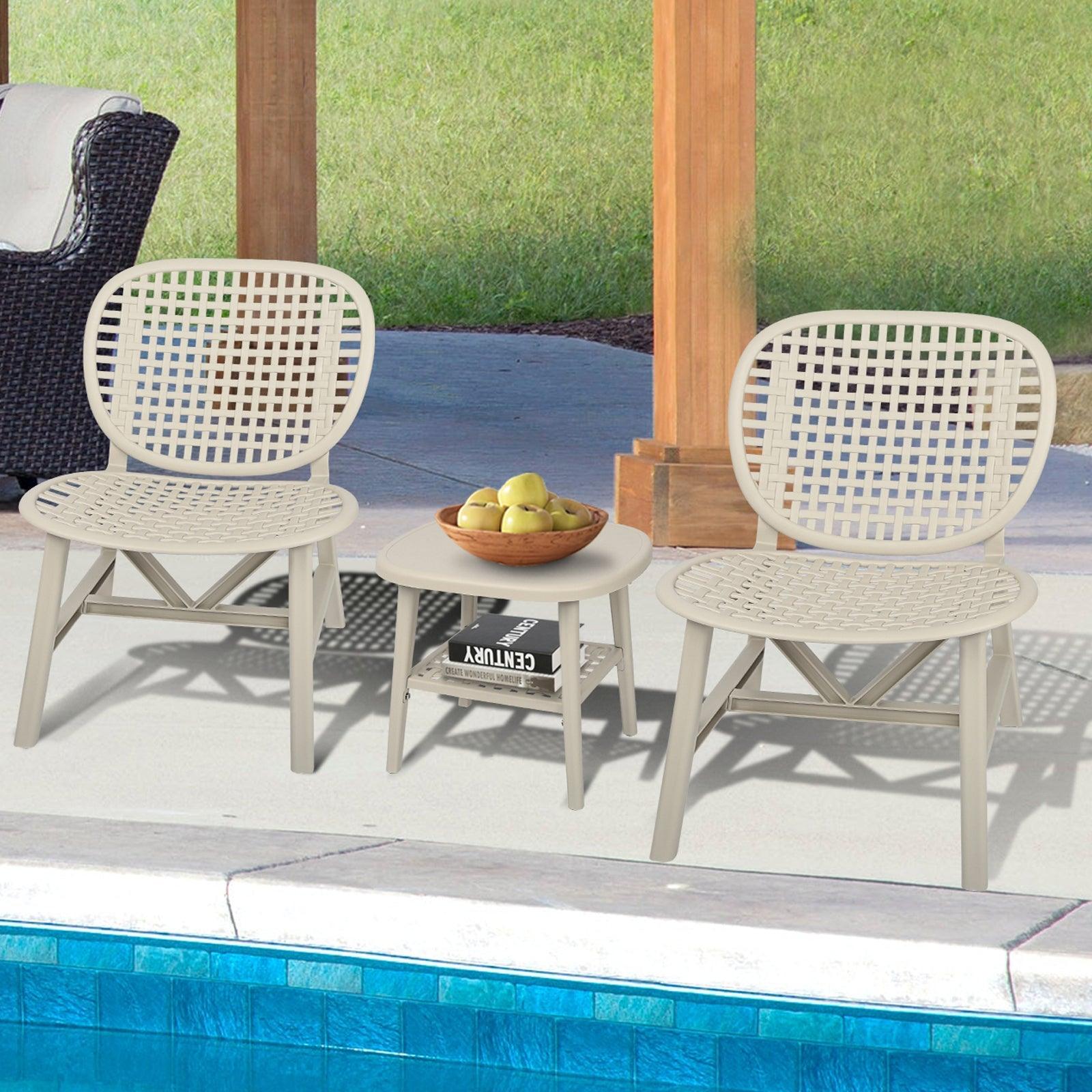 3 Pieces Hollow Design Retro Patio Table Chair Set All Weather Conversation Bistro Set Outdoor Table With Open Shelf And Lounge Chairs With Widened Seat For Balcony Garden Yard White LamCham