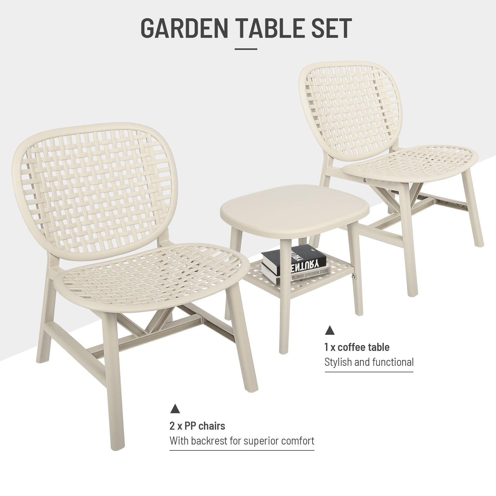 3 Pieces Hollow Design Retro Patio Table Chair Set All Weather Conversation Bistro Set Outdoor Table With Open Shelf And Lounge Chairs With Widened Seat For Balcony Garden Yard White LamCham