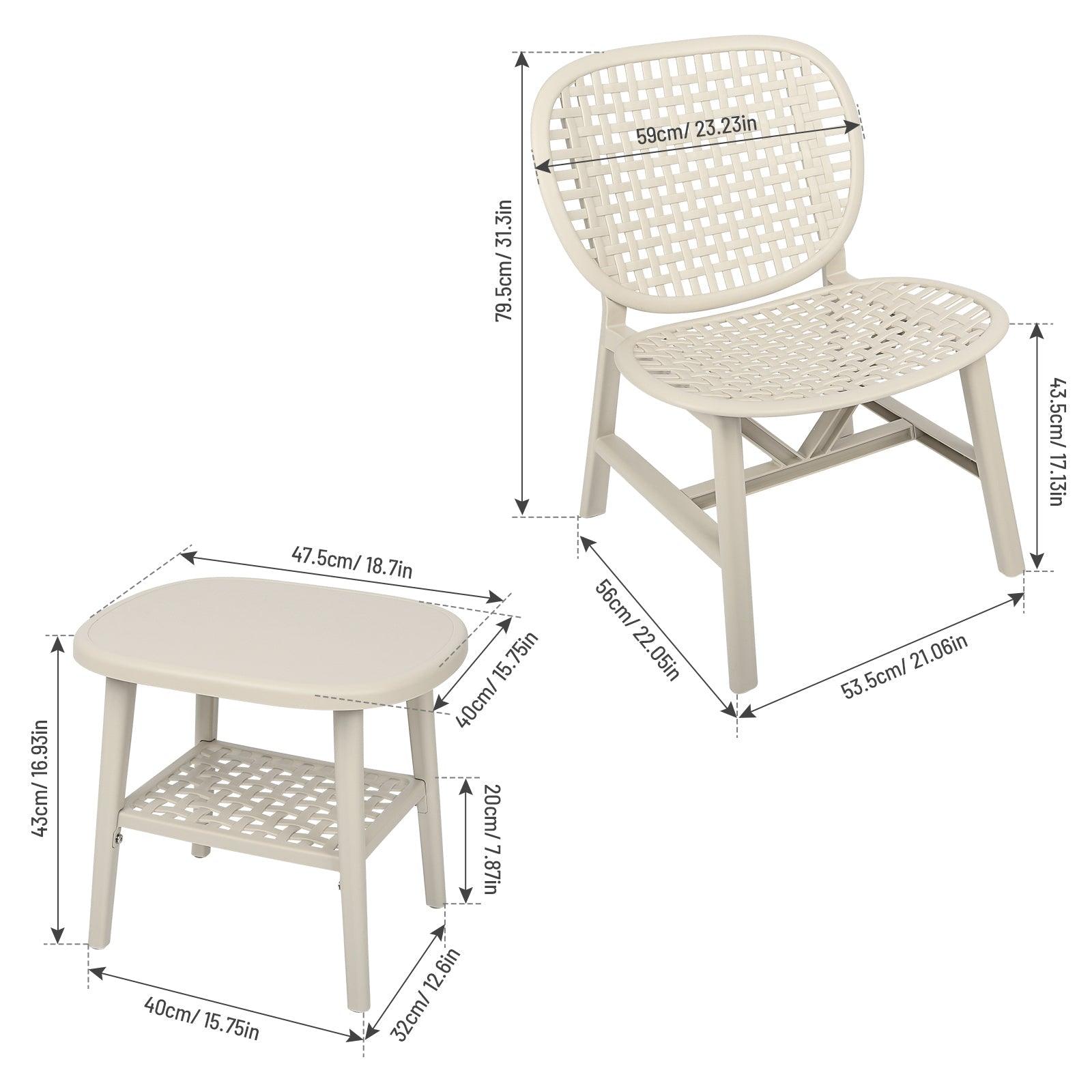 3 Pieces Hollow Design Retro Patio Table Chair Set All Weather Conversation Bistro Set Outdoor Table With Open Shelf And Lounge Chairs With Widened Seat For Balcony Garden Yard White LamCham