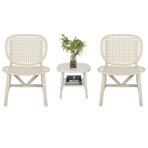 3 Pieces Hollow Design Retro Patio Table Chair Set All Weather Conversation Bistro Set Outdoor Table With Open Shelf And Lounge Chairs With Widened Seat For Balcony Garden Yard White LamCham