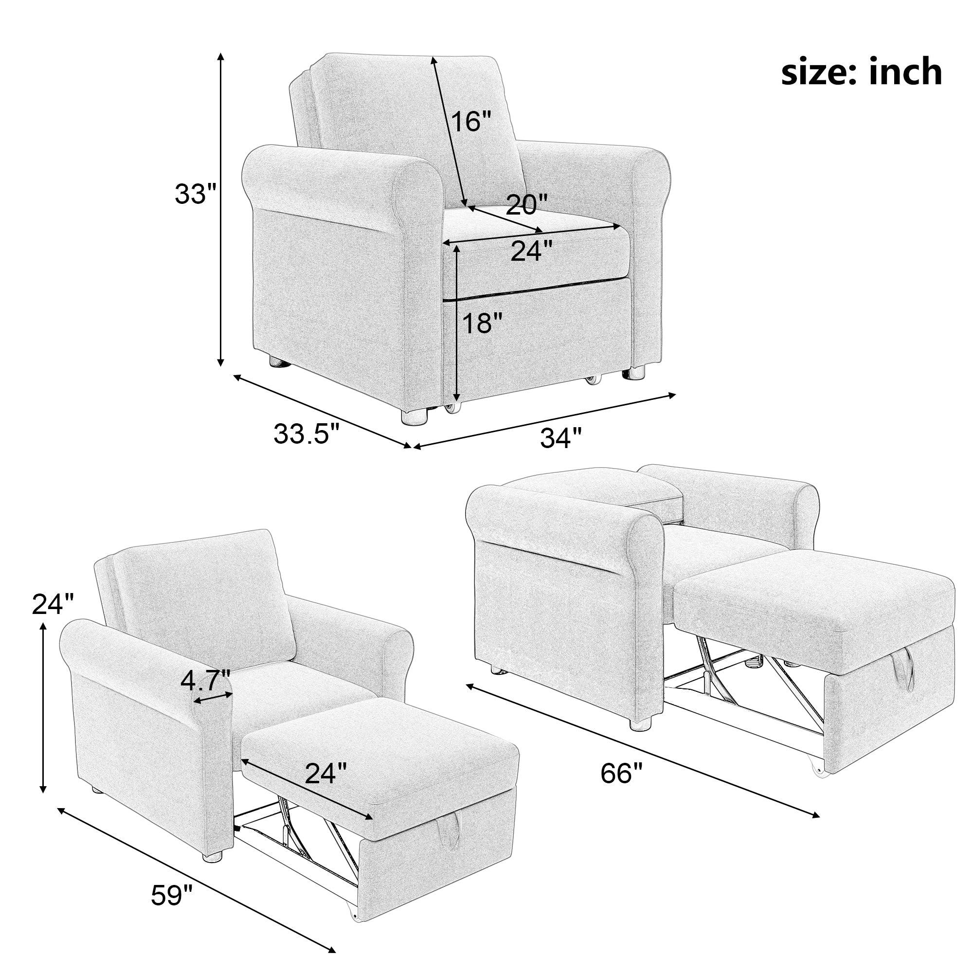 3-in-1 Sofa Convertible Sleeper Chair Bed, Adjust Backrest Into a Sofa, Lounger Chair, Single Bed, Beige LamCham