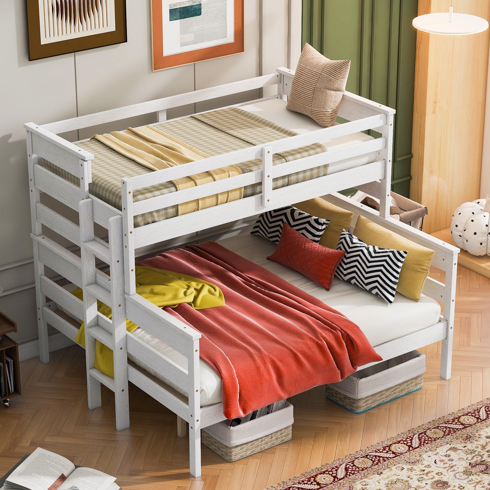 🆓🚛 Wood Twin XL over Queen Bunk Bed with Ladder, White