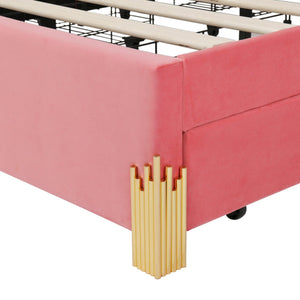 Full Size Upholstered Platform Bed with LED Lights and 4 Drawers, Stylish Irregular Metal Bed Legs Design, Pink