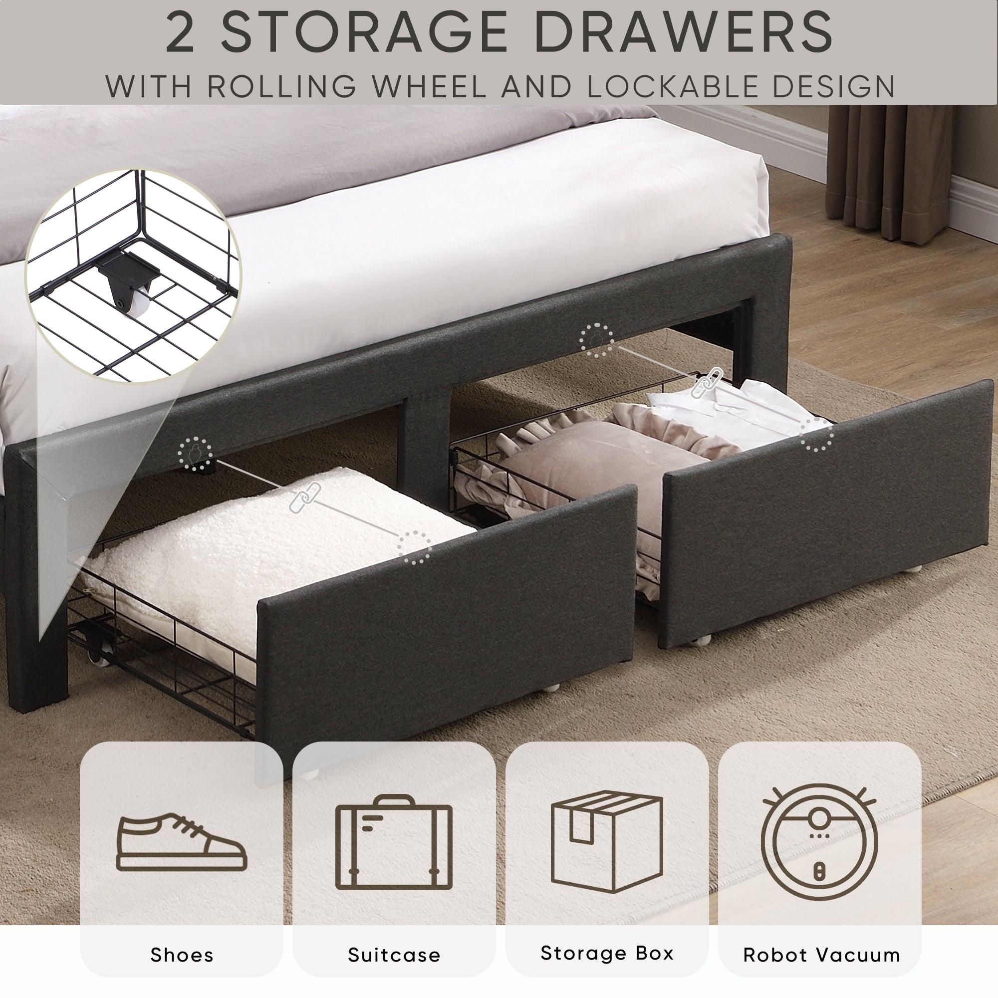🆓🚛 Full Size Upholstered Bed Frame With Wingback Headboard, 2 Storage Drawers, Storage Shelf, Built-in Usb Charging Station, Dark Gray