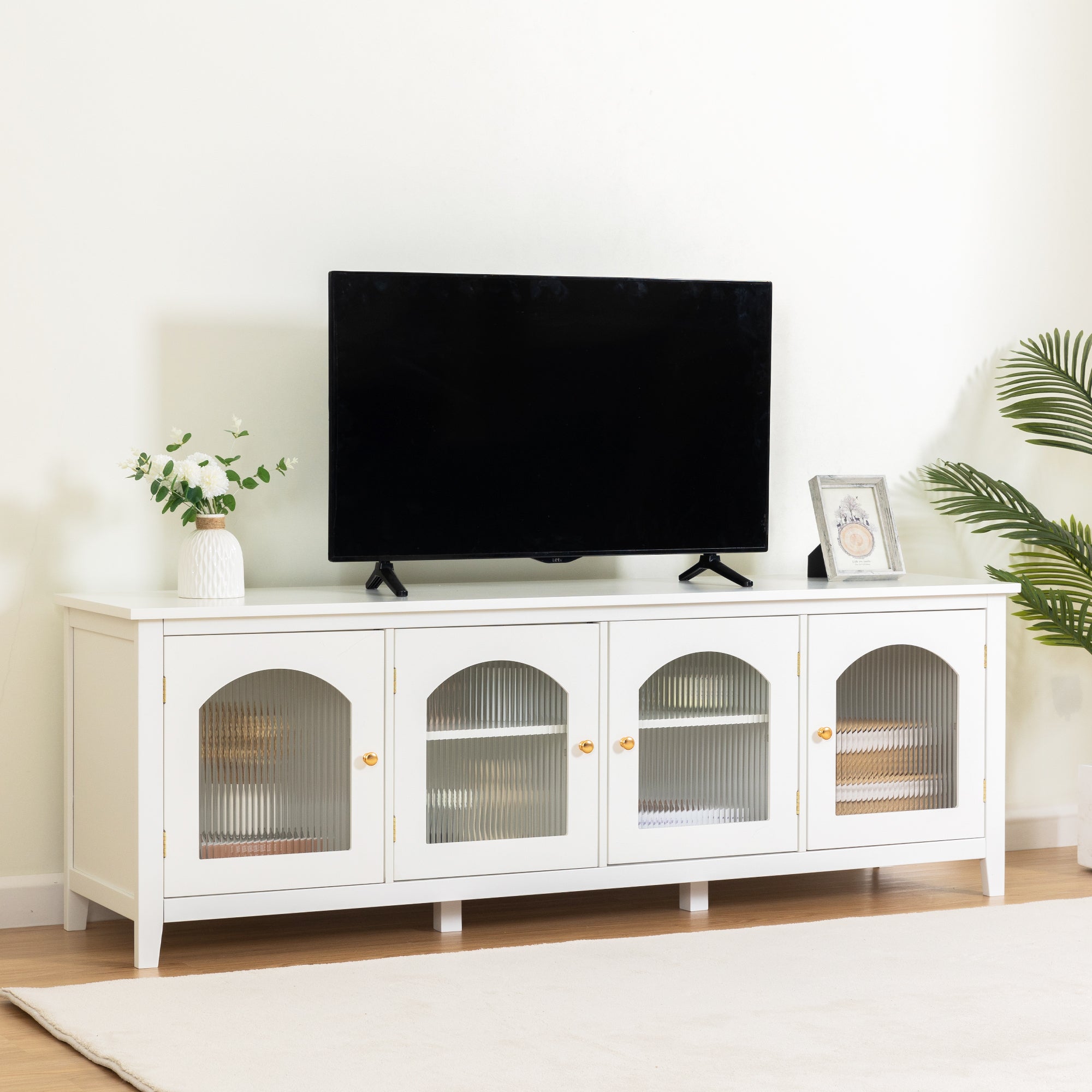 🆓🚛 71 Stylish TV Cabinet Entertainment Center. Media Console, Solid wood Frame, Glass Door, Metal Handle, Antique White