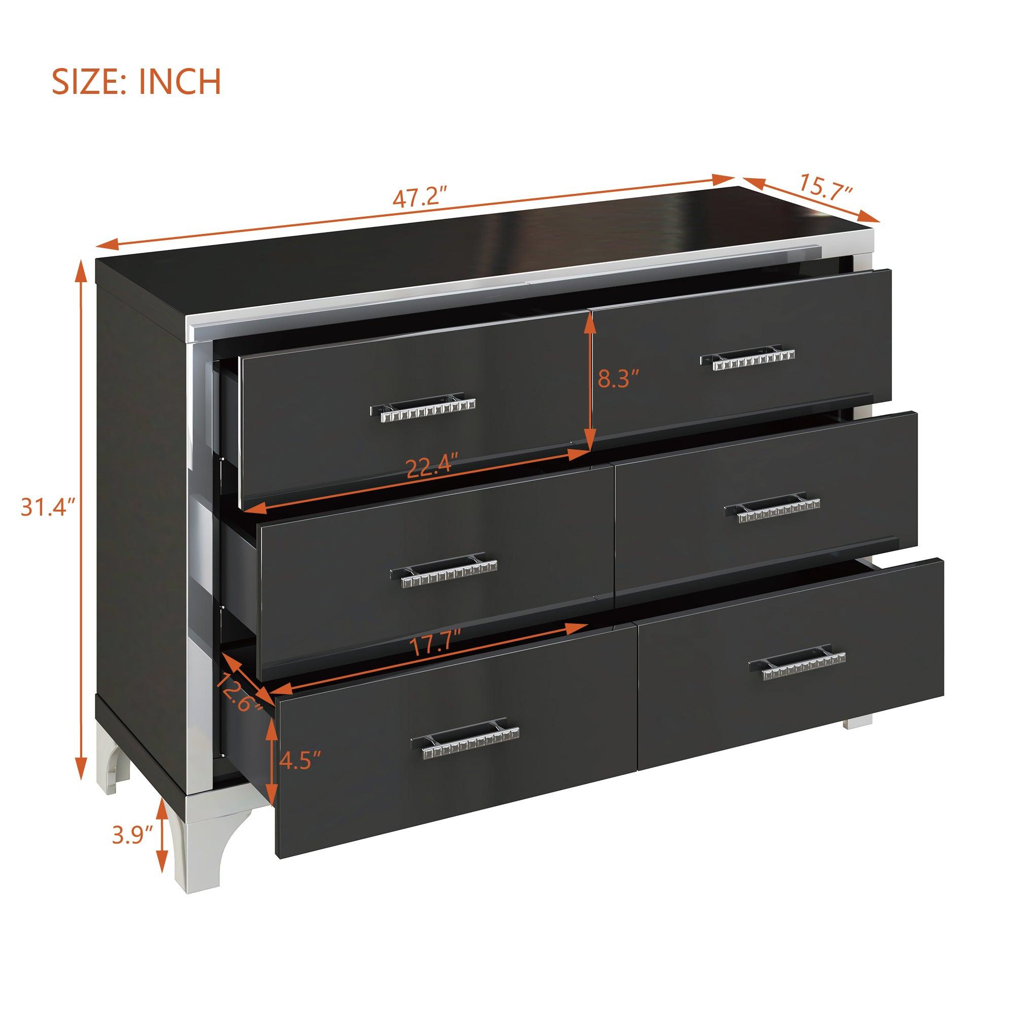 Elegant High Gloss Dresser with Metal Handle, Mirrored Storage Cabinet with 6 Drawers for Bedroom, Living Room, Black