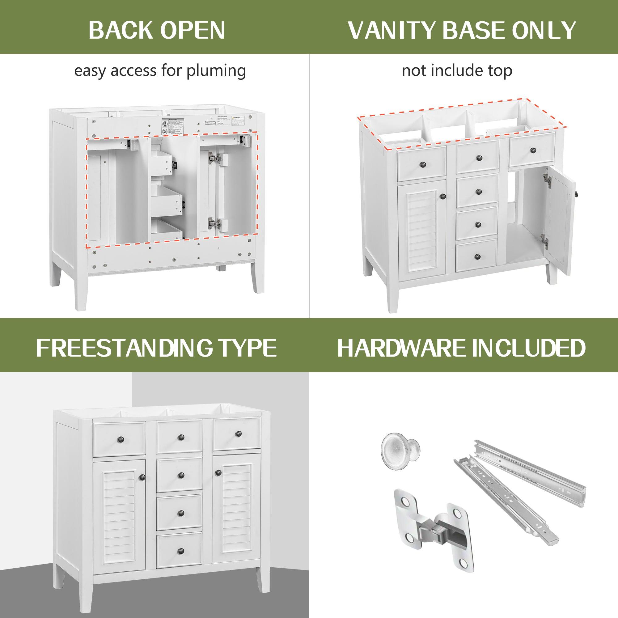 🆓🚛 36" Bathroom Vanity Without Sink, Cabinet Base Only, Two Cabinets & Five Drawers, Solid Wood Frame, White