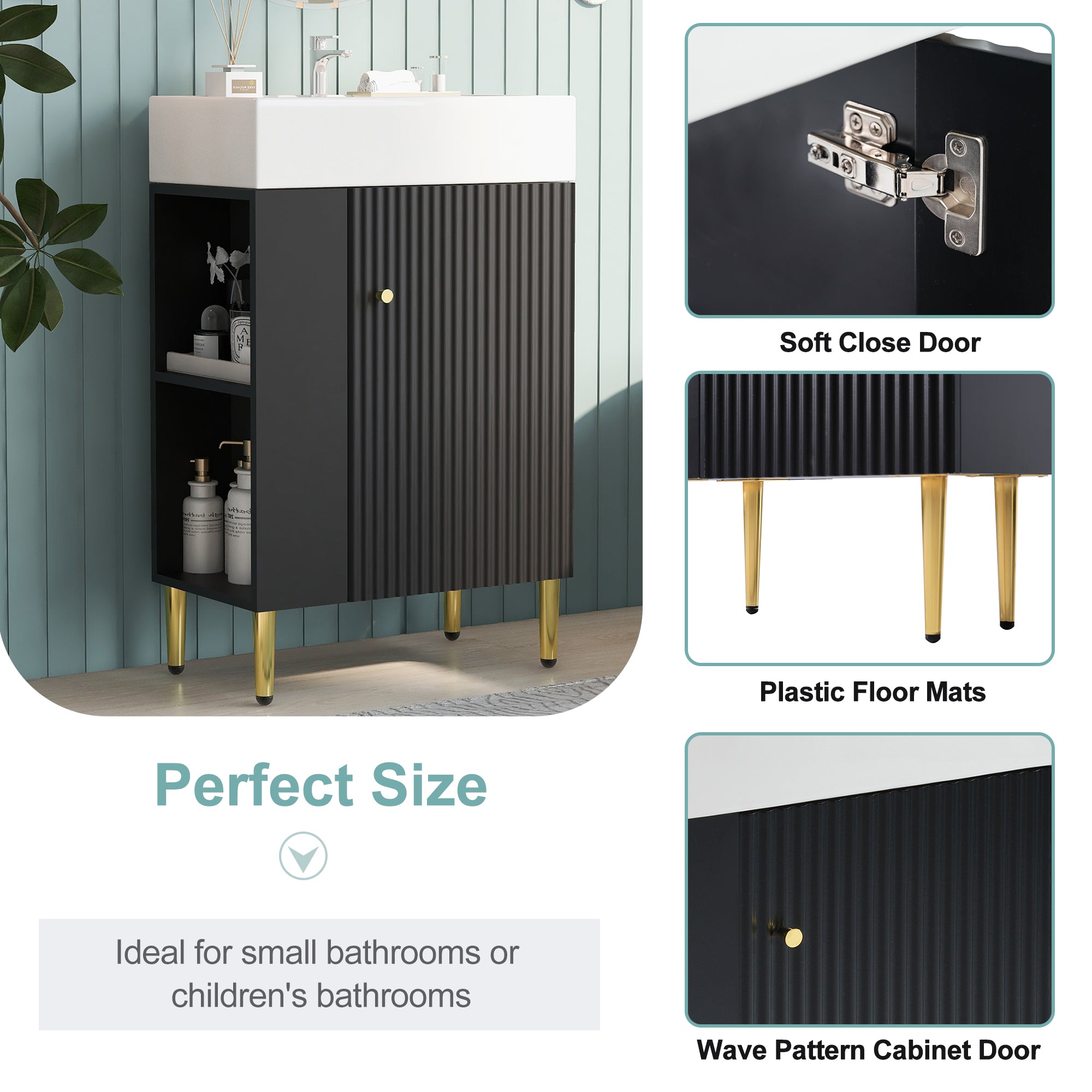 21.6" Black Bathroom Vanity, Combo Cabinet, Bathroom Storage Cabinet, Single Ceramic Sink, Left Side Storage