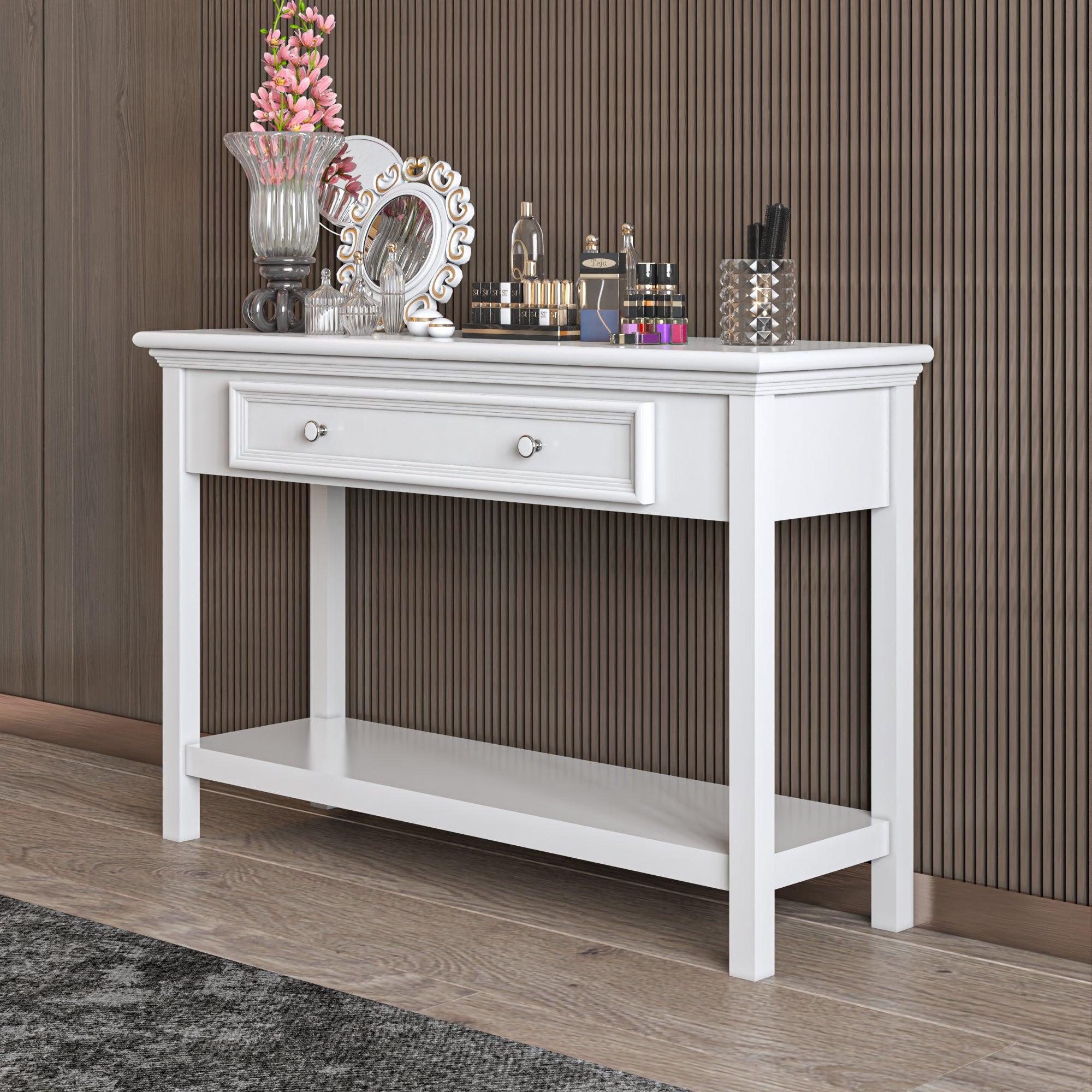 🆓🚛 Modern Country Inspired Solid Wood Structure, Console Table With Drawer & Shelve, Timeless Design & Elegant With Embellish Details