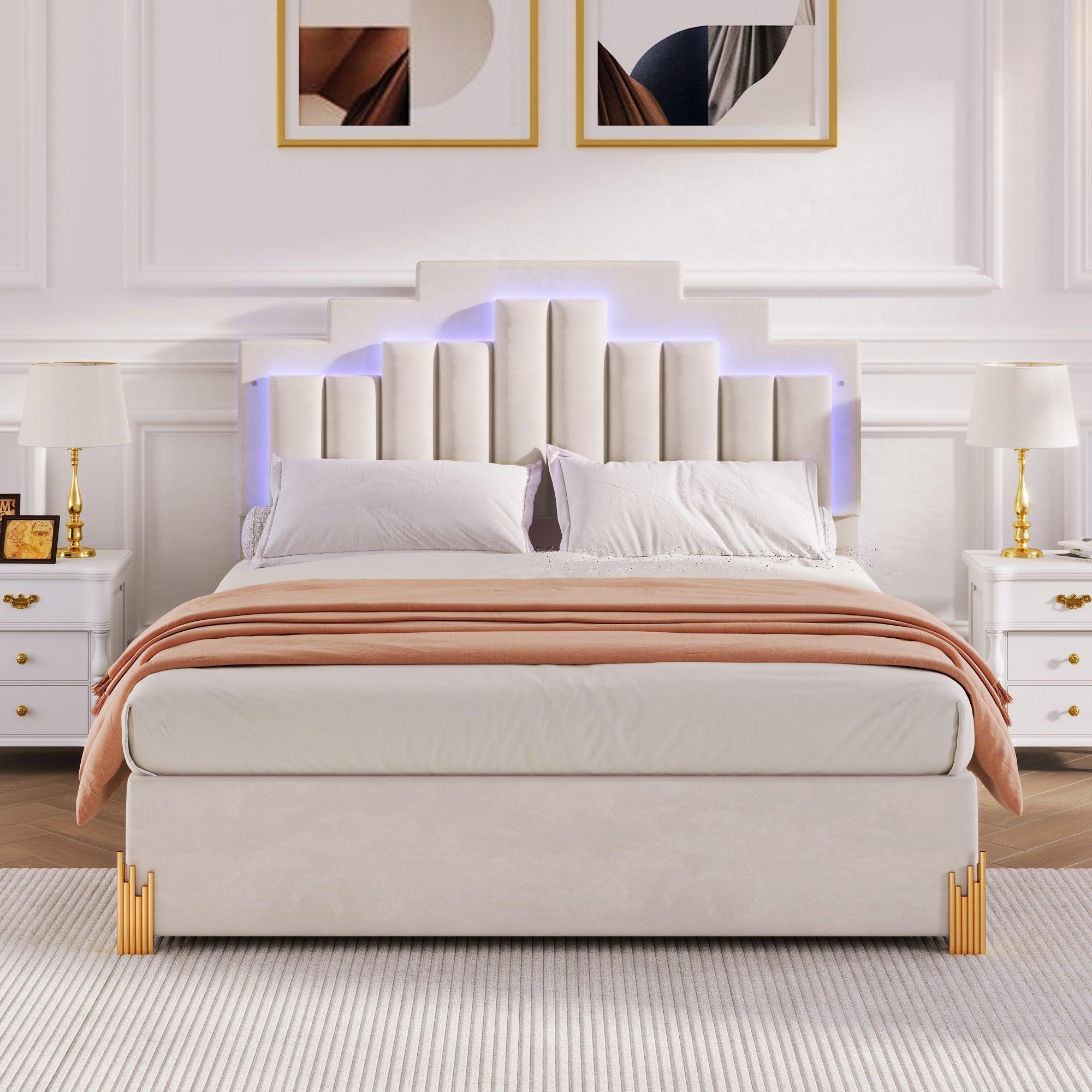 🆓🚛 Queen Size Upholstered Platform Bed With Led Lights & 4 Drawers, Stylish Irregular Metal Bed Legs Design, Beige