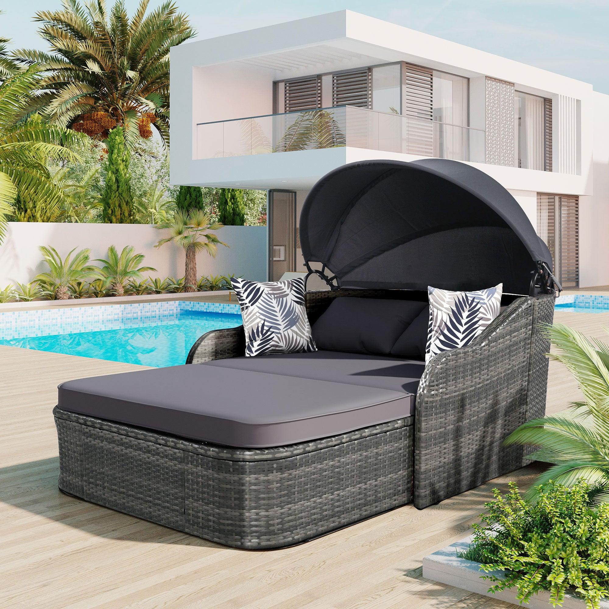 🆓🚛 79.9" Outdoor Sunbed with Adjustable Canopy, Double lounge, PE Rattan Daybed, Gray Wicker And Cushion