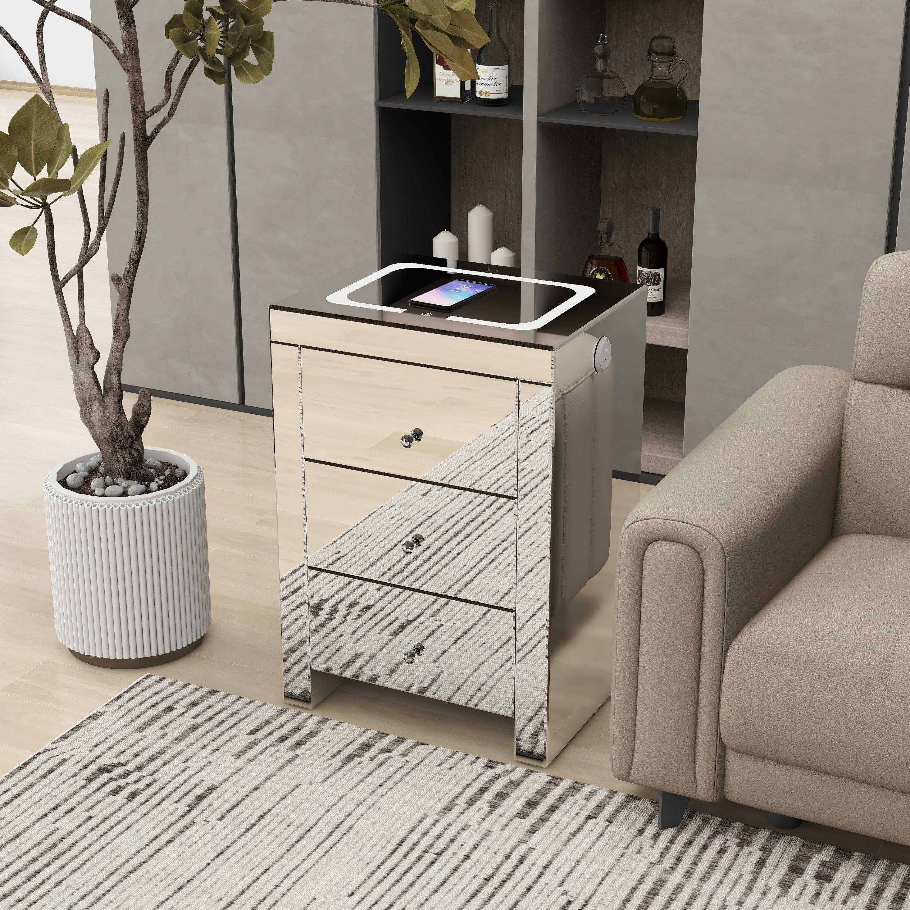 🆓🚛 Silver Glass Nightstand for Living Room, Bedside Table With Wireless Charging & Charging Ports
