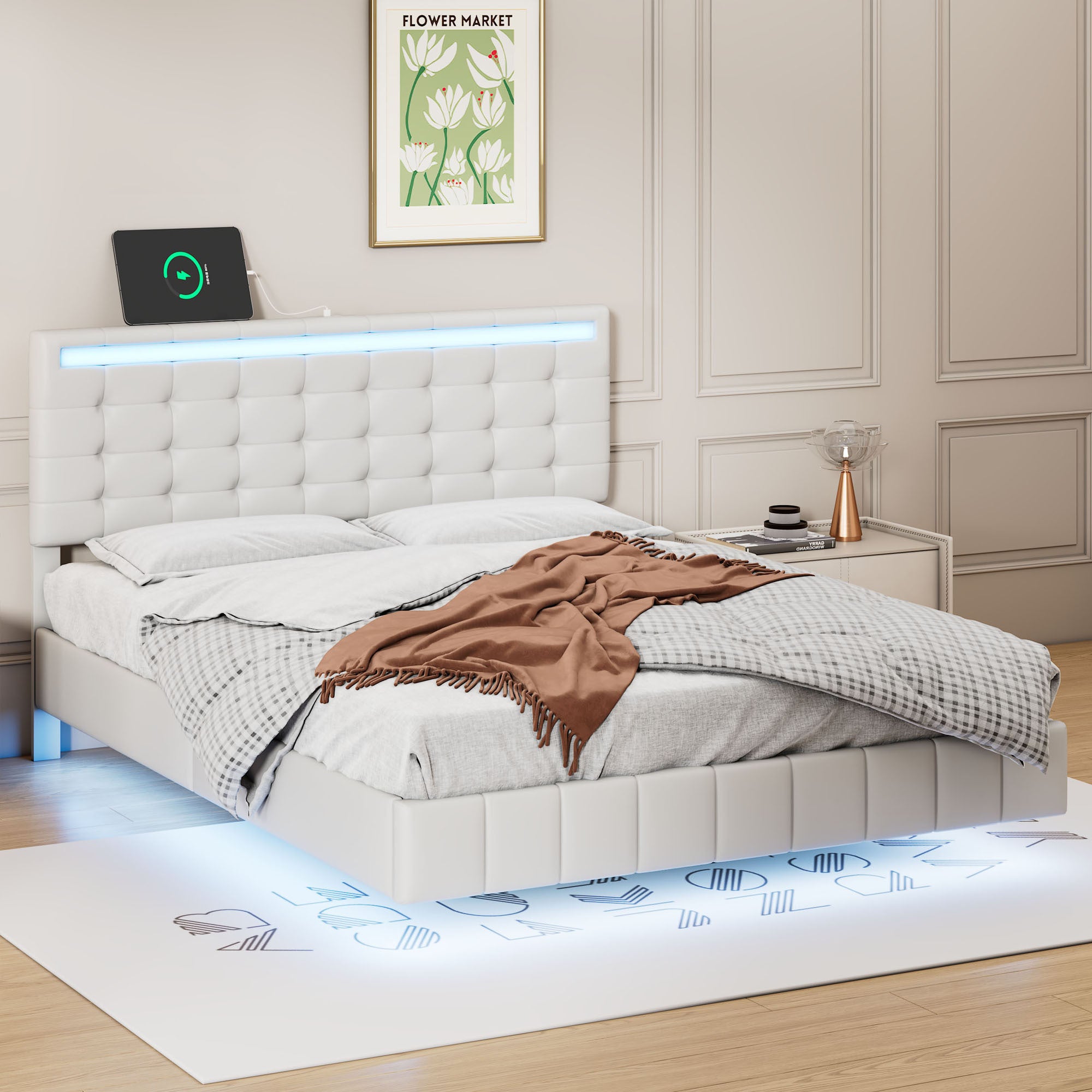 Full Size Floating Bed Frame with LED Lights and USB Charging, Modern Upholstered Platform LED Bed Frame, White