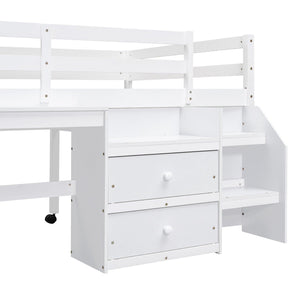 Full Size Loft Bed with Desk and Drawers, Wooden Loft Bed with Lateral Portable Desk, White