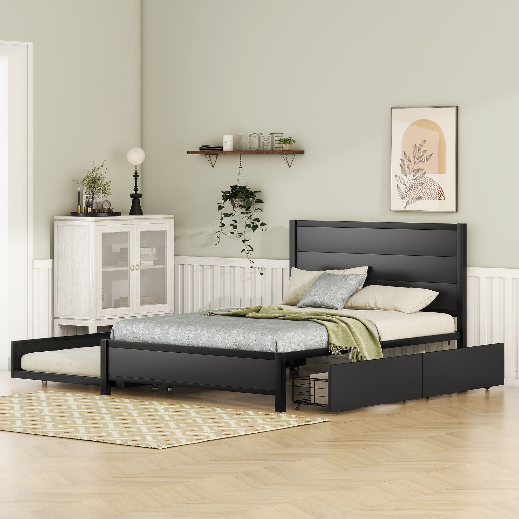 🆓🚛 Metal Full Size Storage Platform Bed With Twin Size Trundle and 2 Drawers, Black