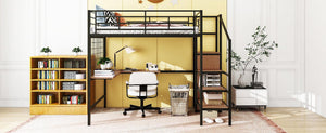 Full Size Metal Loft Bed with Desk and Metal Grid, Stylish Metal Frame Bed with Lateral Storage Ladder and Wardrobe, Black