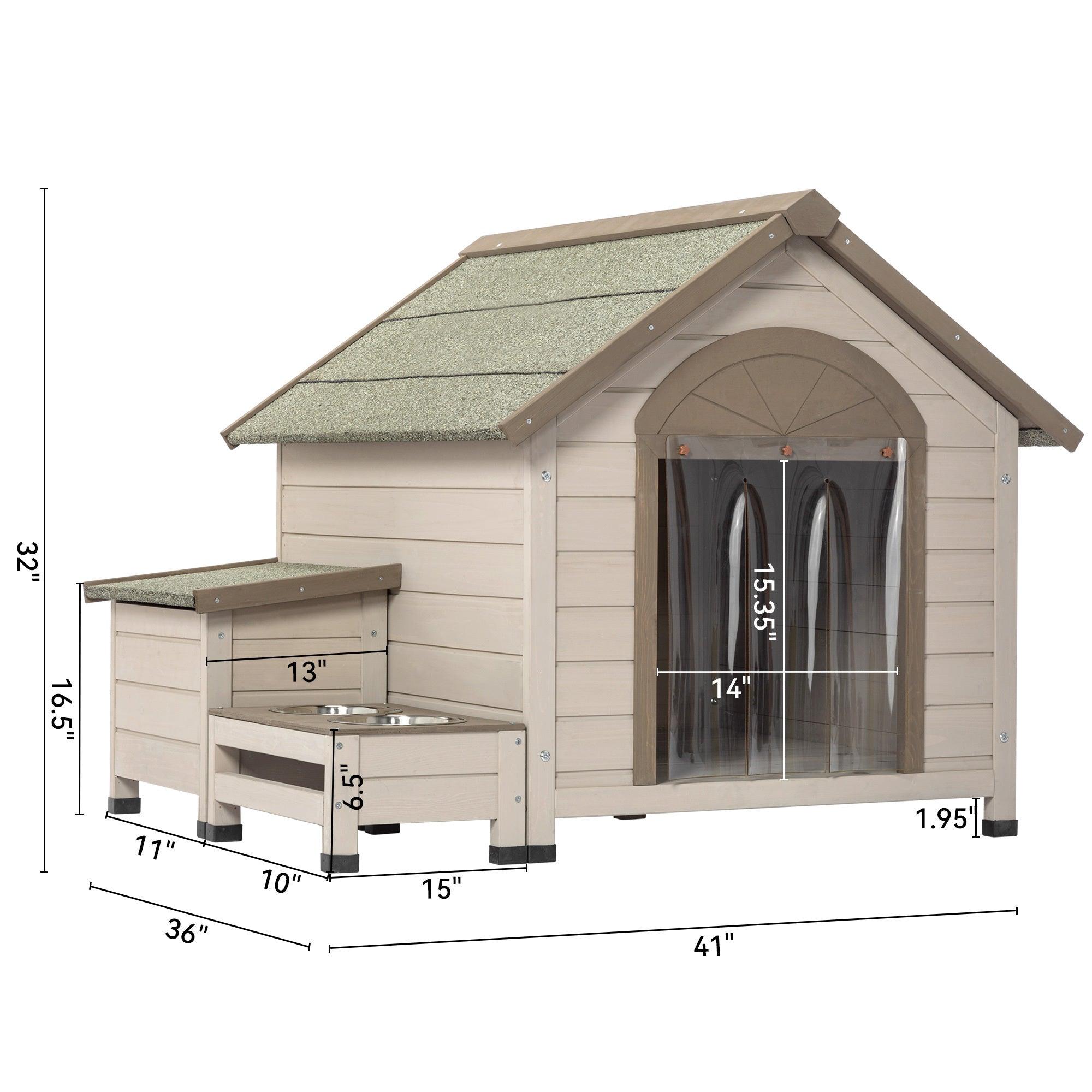 🆓🚛 Outdoor Fir Wood Dog House With An Open Roof Ideal for Small To Medium Dogs With Storage Box, Elevated Feeding Station With 2 Bowls Weatherproof Asphalt Roof & Treated Wood.